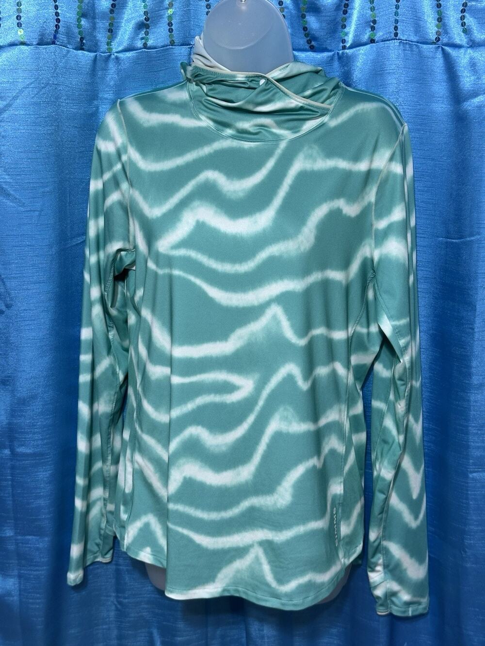 Simms Solarflex Hoodie Teal White Lightweight Fishing UPF 50 Snap Collar Women M